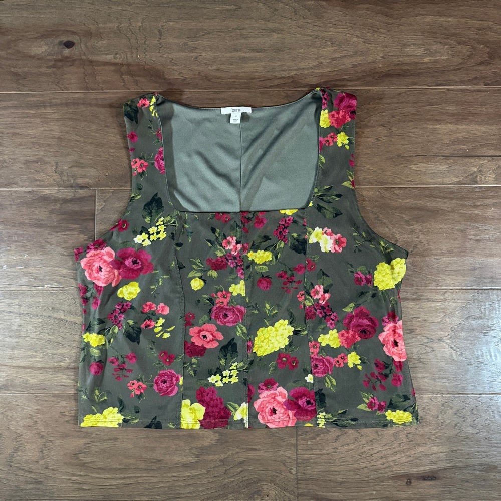 Bar III Womens 1X Olive Green Floral Square Neck Corset Style Crop Tank‎ Top